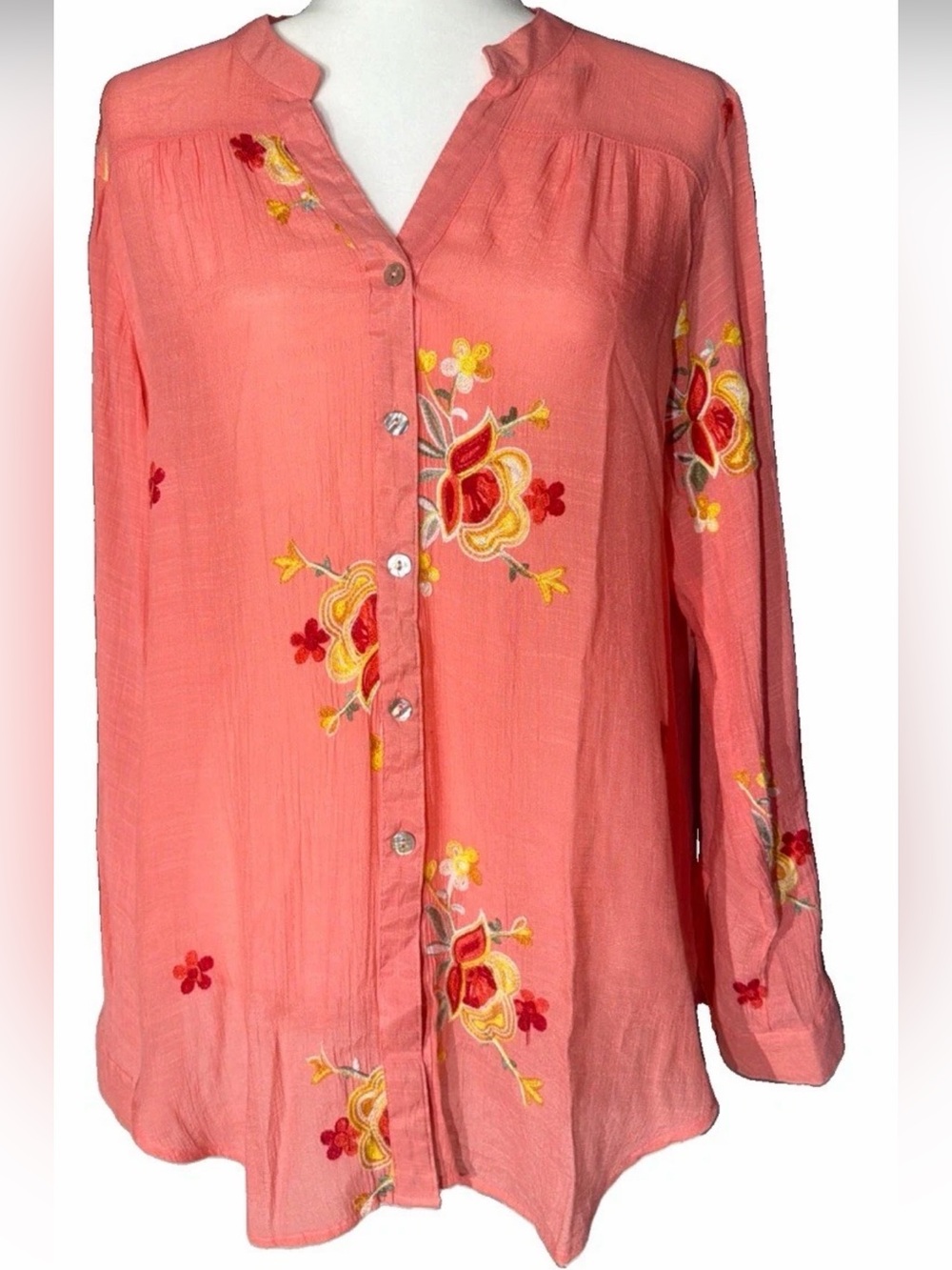 Hope springs Coral Embroidered Button-Front Blouse lightweight gauzy boho chic